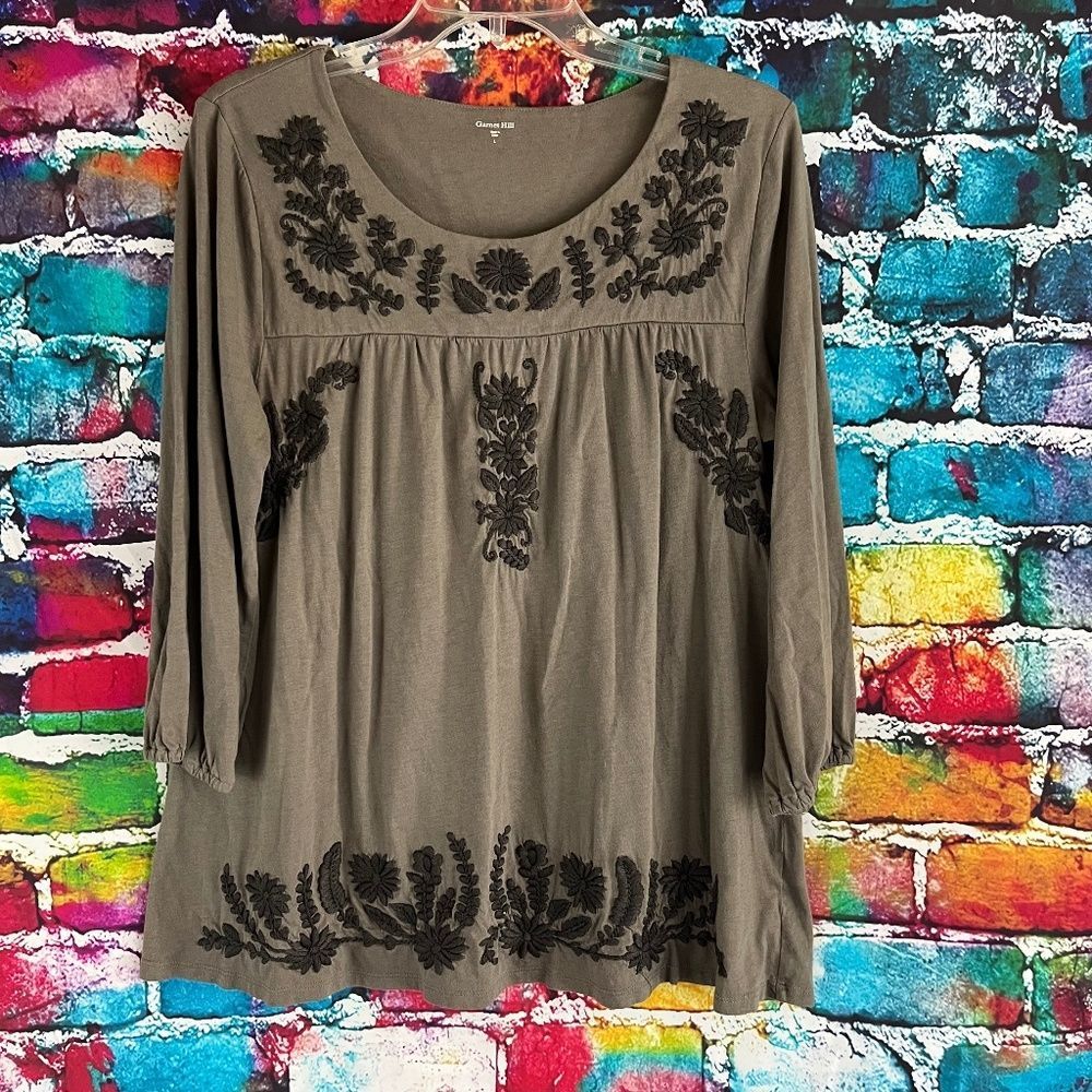 Garnet Hill Olive Top with Black Embroidery